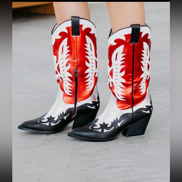 Mi.iM Western Midi Boots Size 10 Pointed Toe Red Silver Black Block Heel NEW - Picture 2 of 8